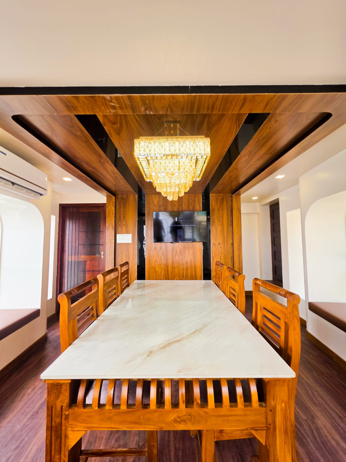 Comfortable living space and wooden interiors of luxury houseboat